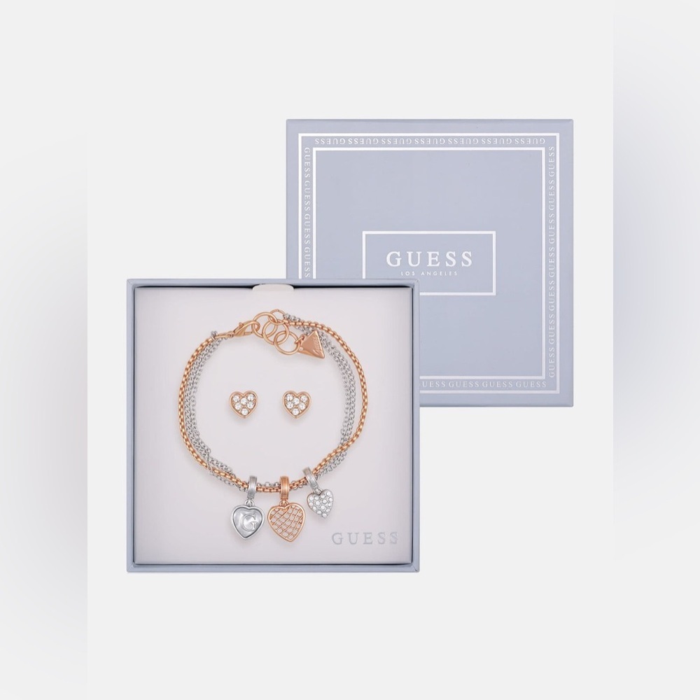 NWT Guess Mixed-Tone Heart Layered Bracelet And Earrings Box Set